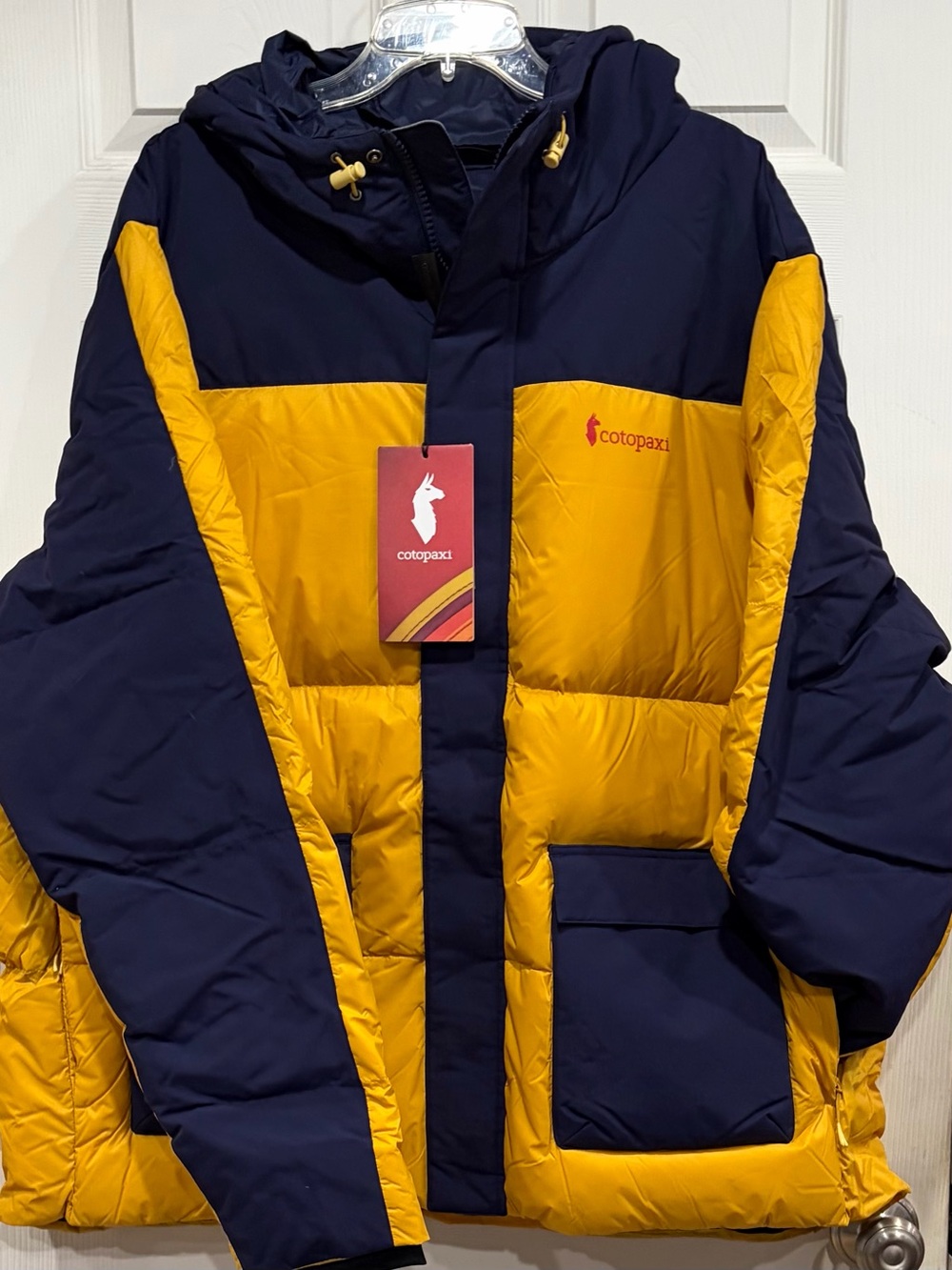 Cotopaxi Men's XXL Solazo Down Parka Yellow Blue NWT Puff Ski Snow Knit Cuffs